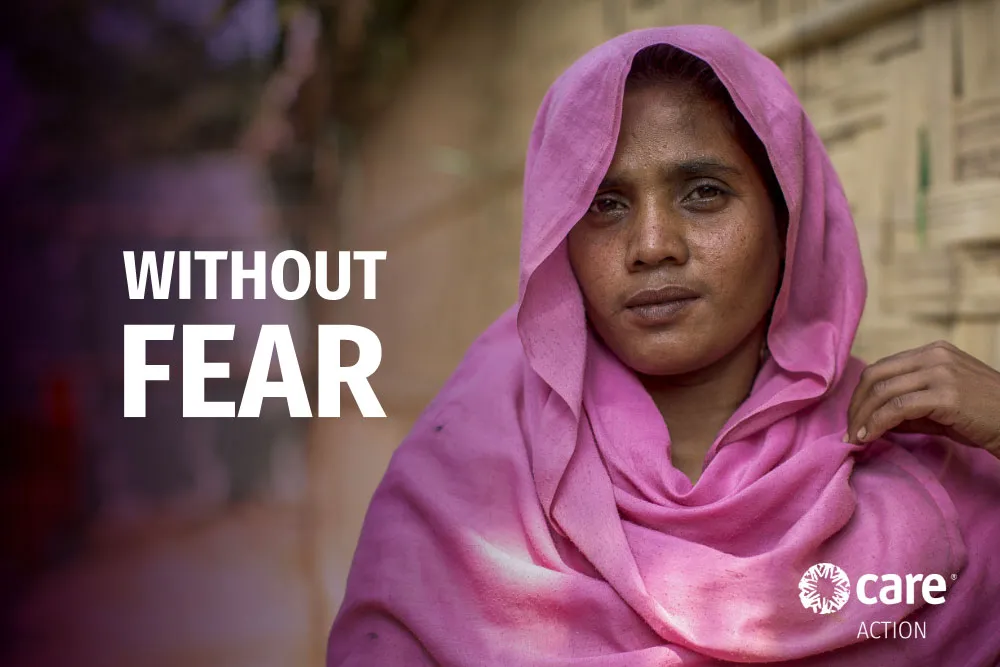 A portrait of a woman wearing a light pink head covering. The words 