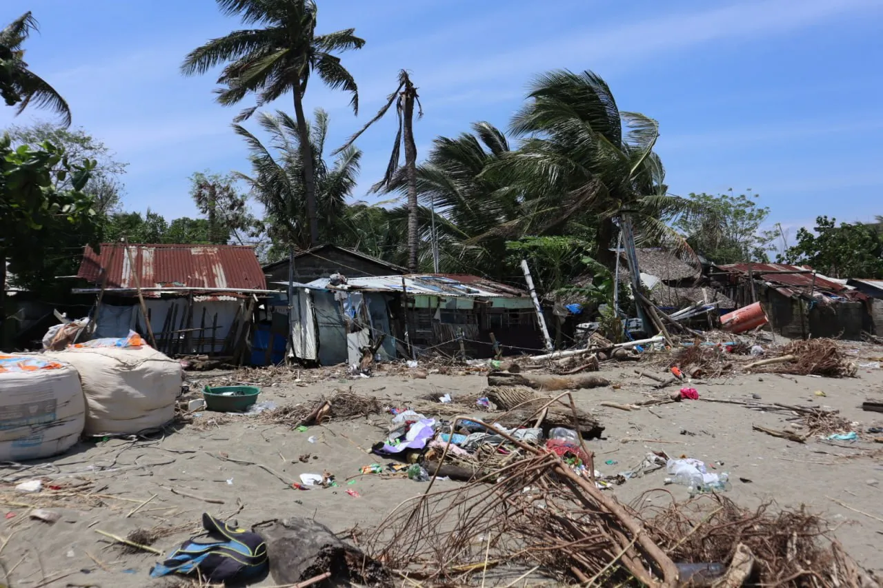 Parts of buildings, fallen trees, and other detritus litter what was a residential area in the Philippines following monsoon flooding.